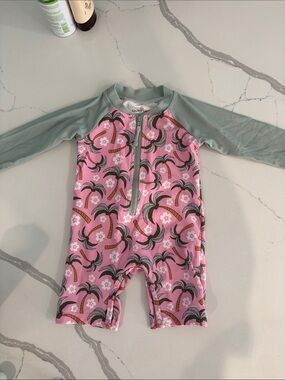 Caden Lane Pink Palm-Print One-Piece Sunsuit with Sage Green Sleeves